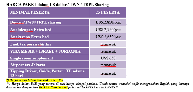 tabel harga holyland 13 hari